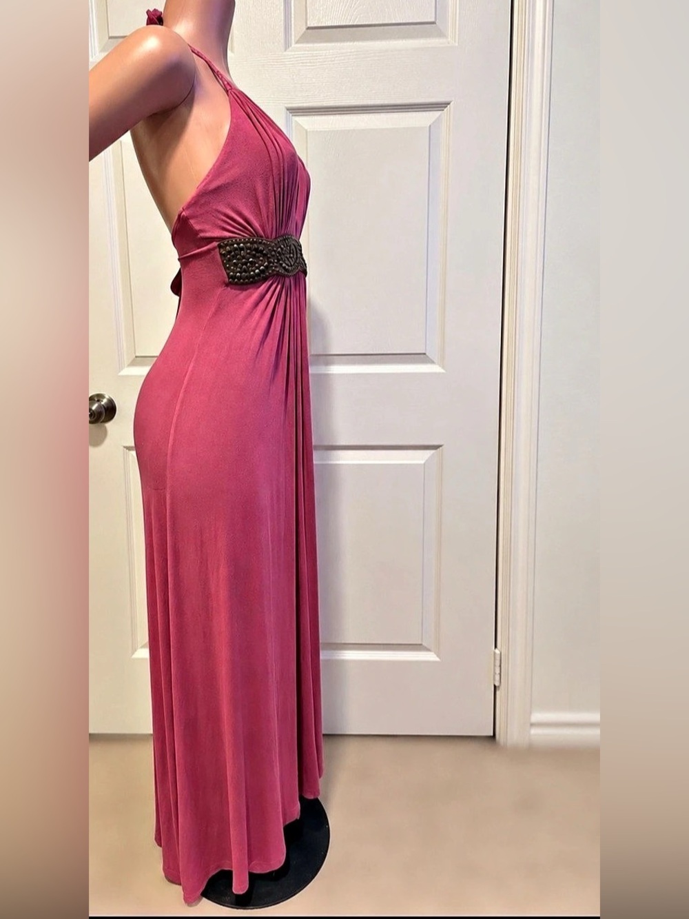 Sky Brand Halter Maxi Dress Mauve Rose Leather Trim Size M - Picture 7 of 9